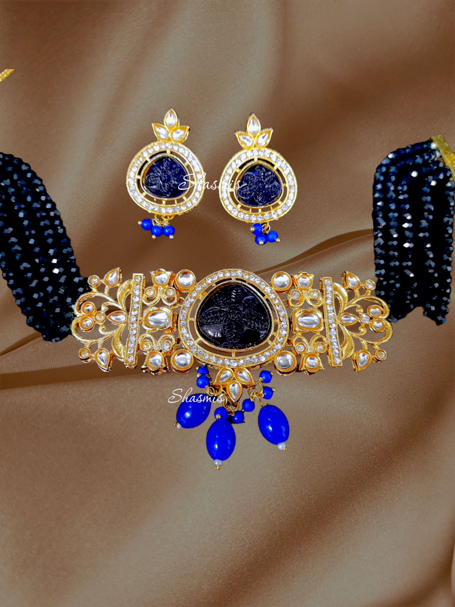 Blue Stone Kundan Choker With Earrings