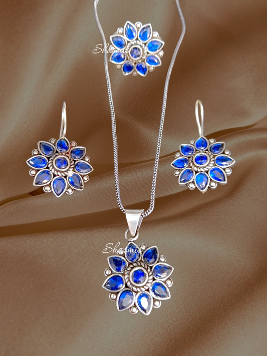 Blue Color Flower Long Chain Necklace 