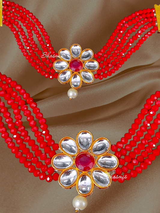 Red Beads White Stone Flower Necklace 