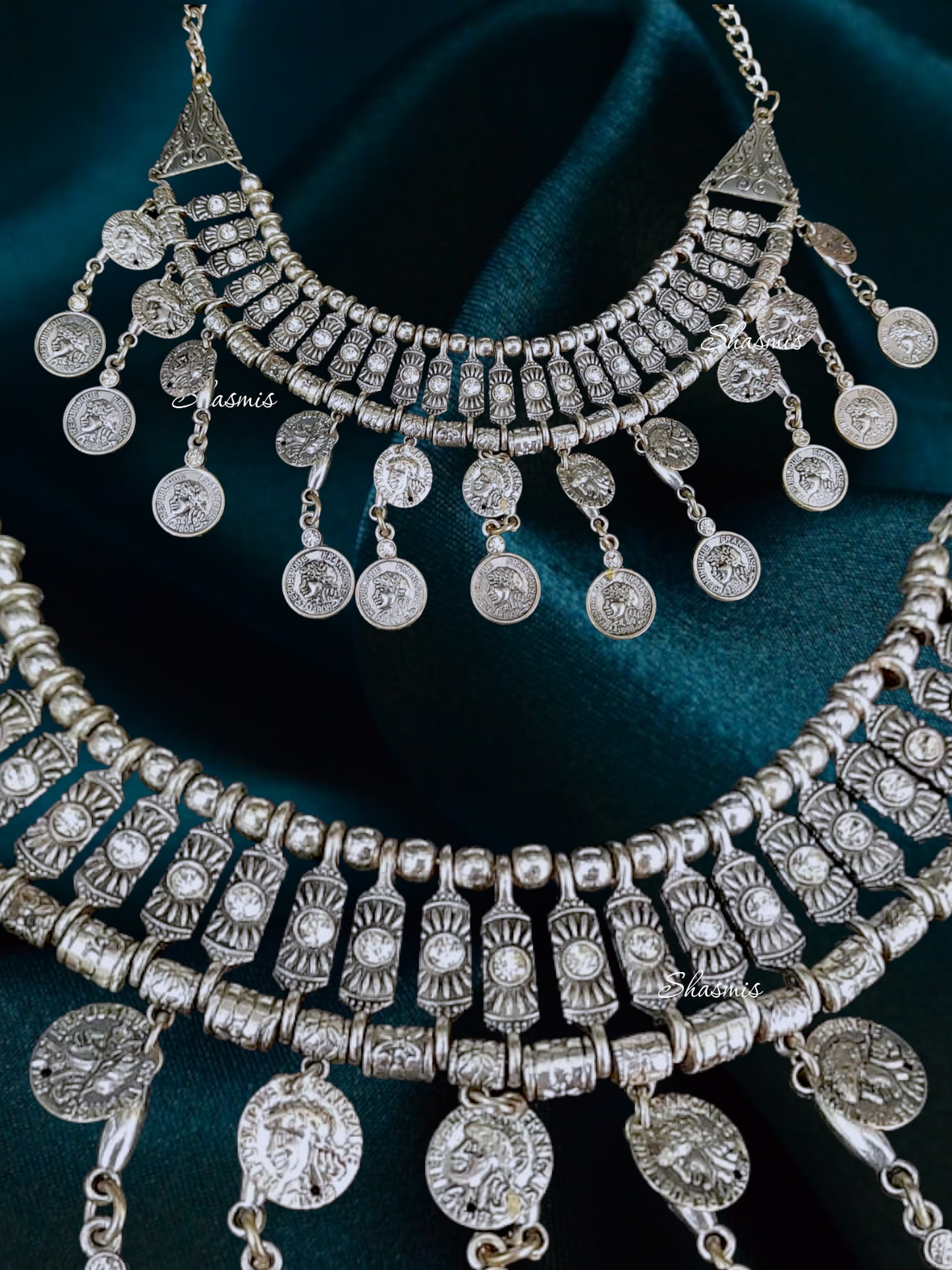 Silver Oxidised Coin Huge Necklace 