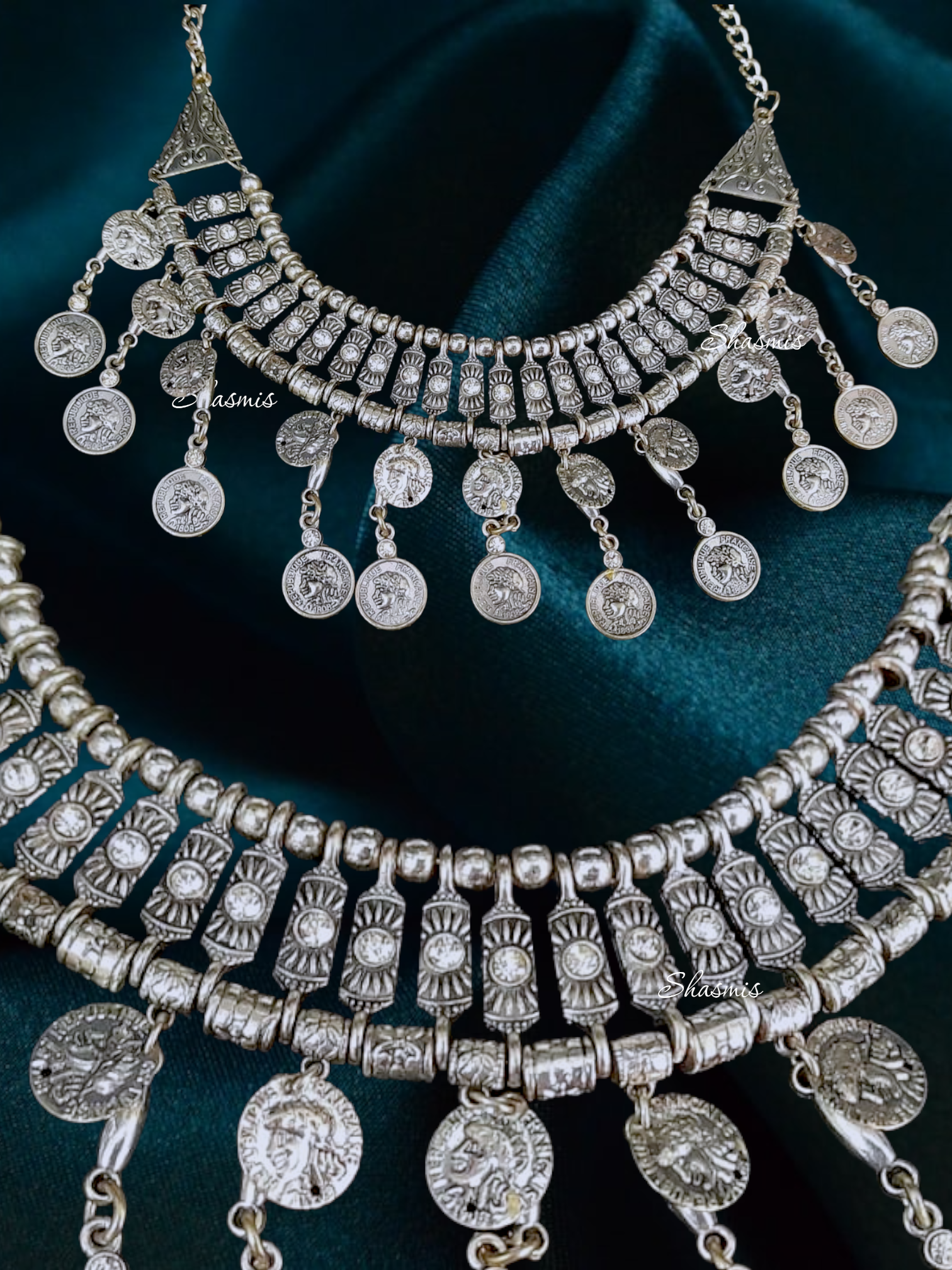 Silver Oxidised Coin Huge Necklace 