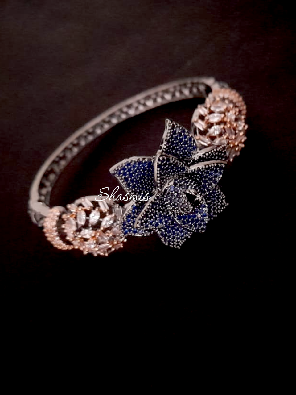 Blue Diamond Rose Gold Flower Design Bracelet