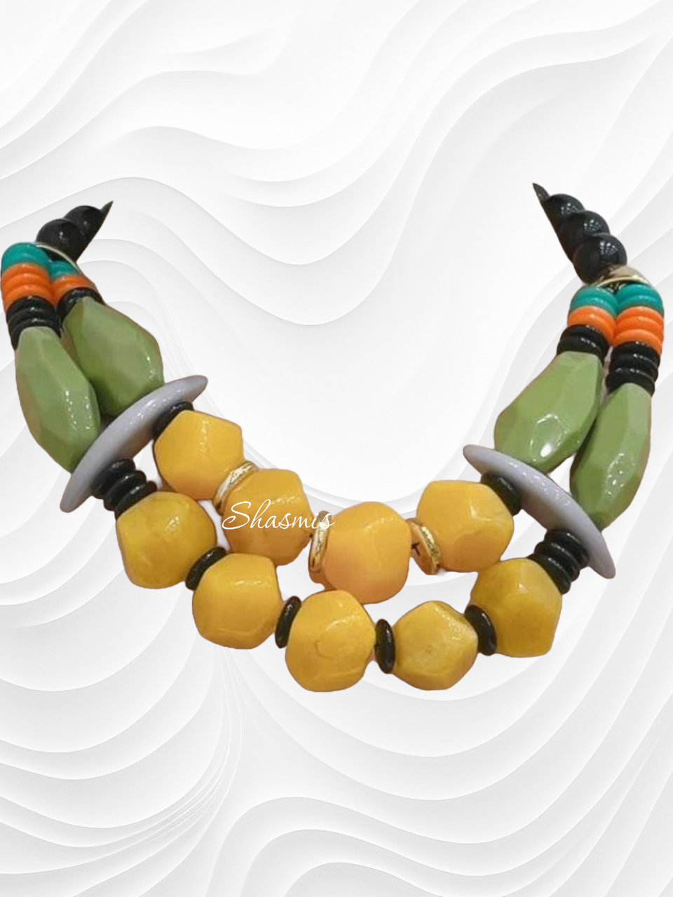 Yellow and Olive Green Color Beads Boho Necklace  