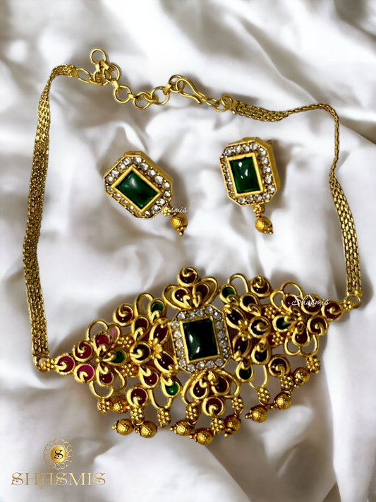 Golden Polish Temple Necklace With Earrings