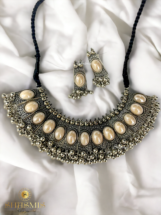 Baby Pink Color Stone Oxidised Necklace With Earrings