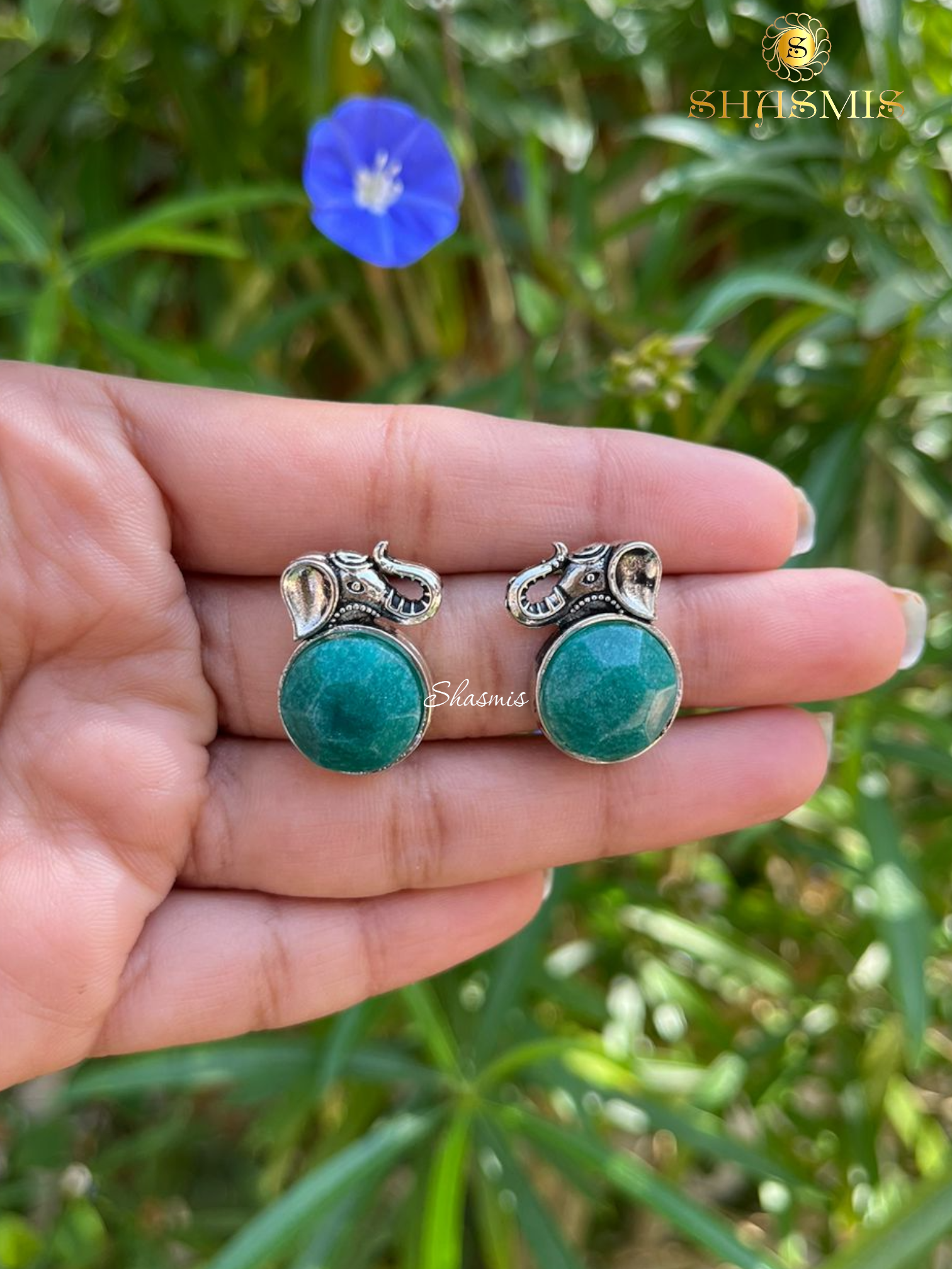 Elephant Design Green Stone Silver Stud Earrings