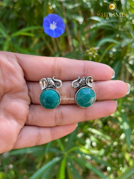 Elephant Design Green Stone Silver Stud Earrings