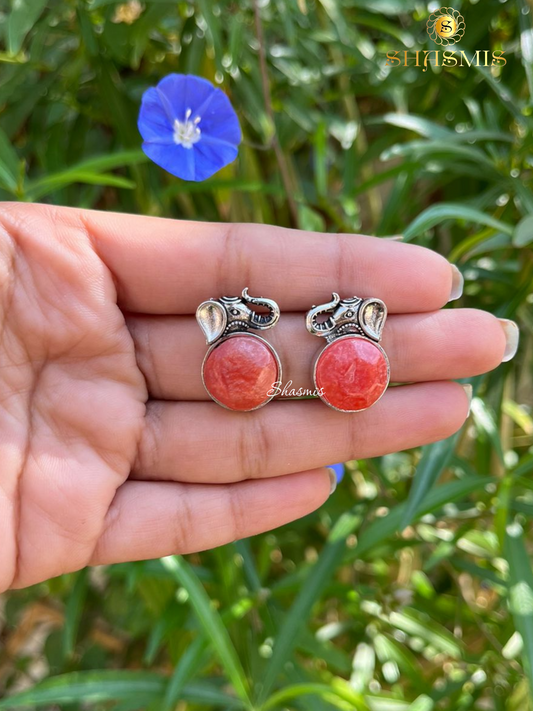 Elephant Design Red Color Stone Silver Stud Earrings