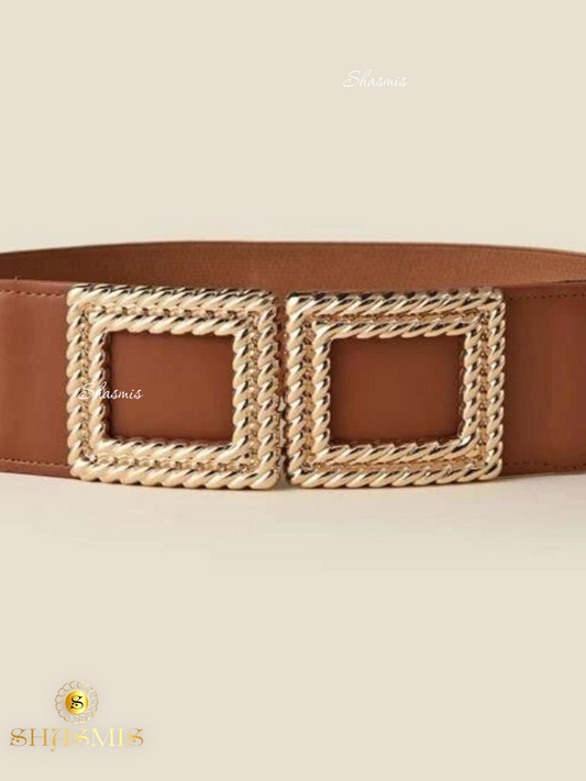Brown Color Faux Belt With Golden Square Design Buckle