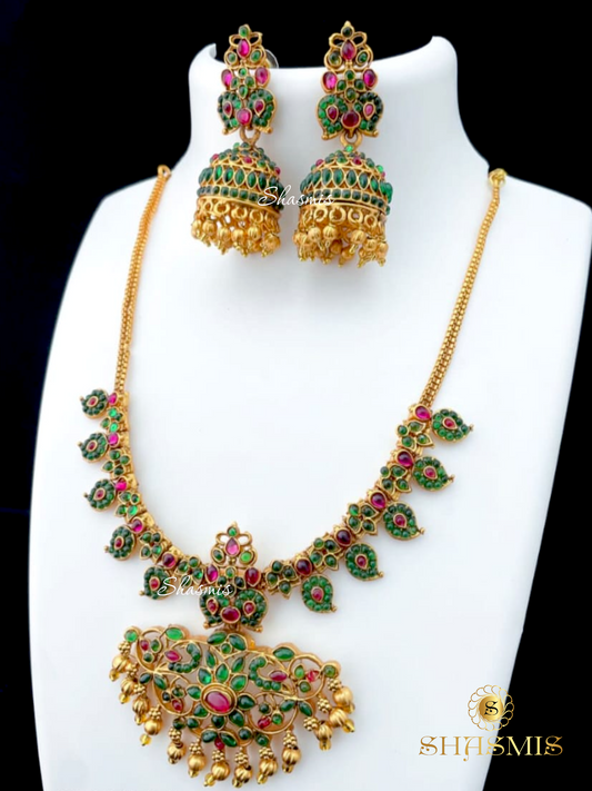 Green Stones Temple Jewellery Necklace With Earrings