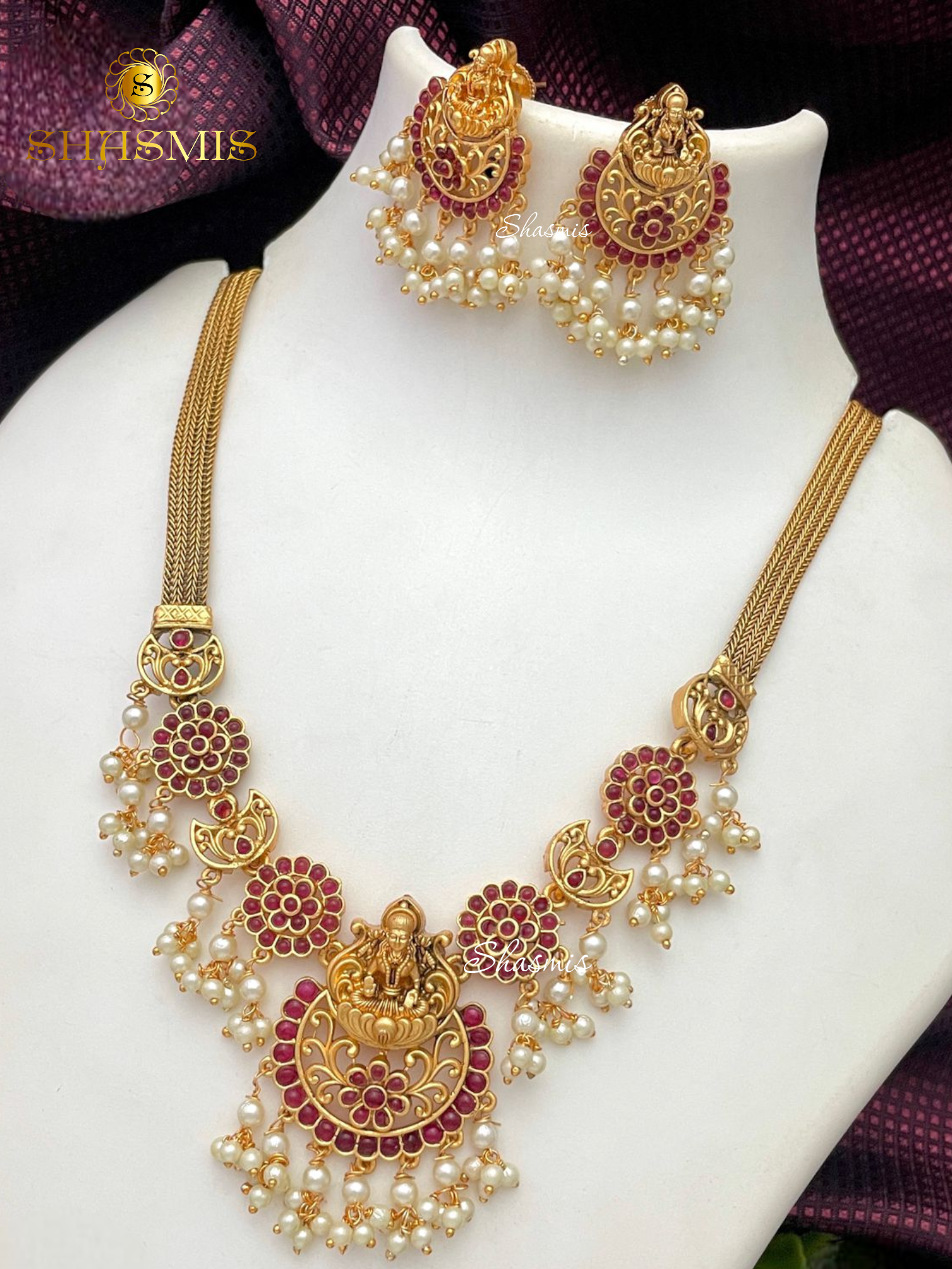 Ruby Stones Laxmi Design Temple Necklace With Earrings