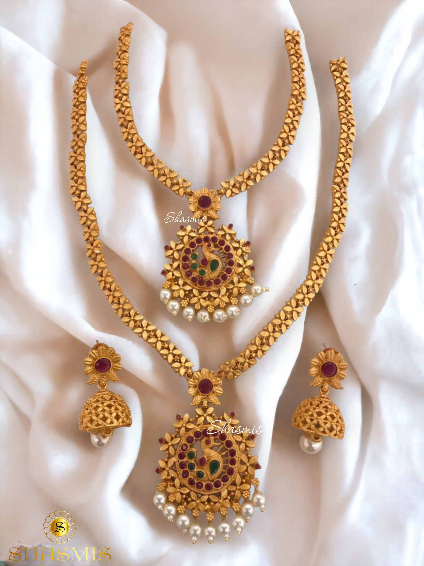 Long Double Temple Jewellery necklace With Earrings