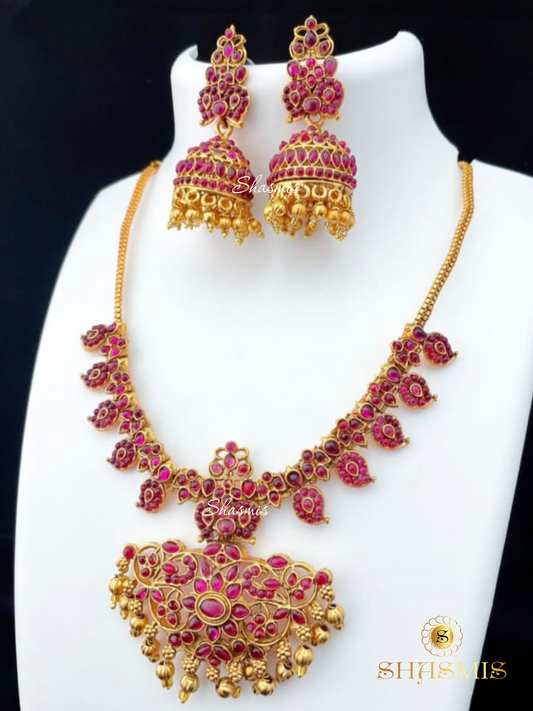 Pink Color Long Temple Necklace With Earrings