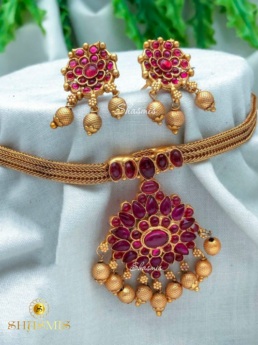 Mahenta Color Stone Temple Jewellery Necklace With Earrings