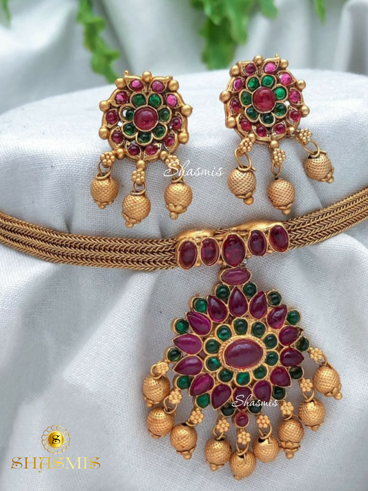 Green and Maroon Stone Temple Jewellery Necklace With Earrings