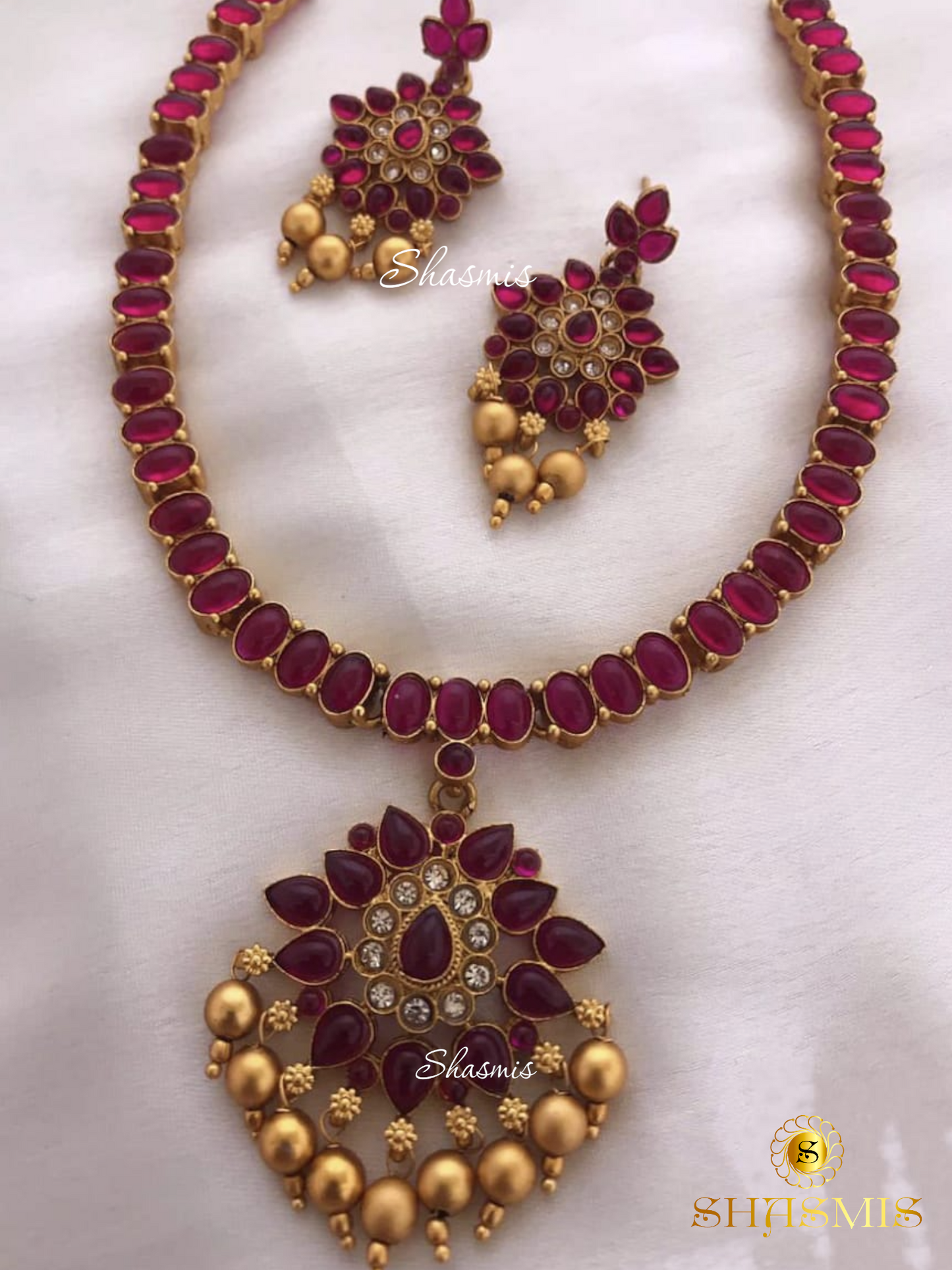 Maroon Stone Long Temple Necklace With Earrings