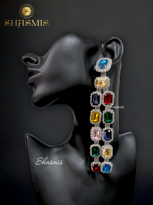 Multi Color Rheinstone Long Prerto Design Earrings