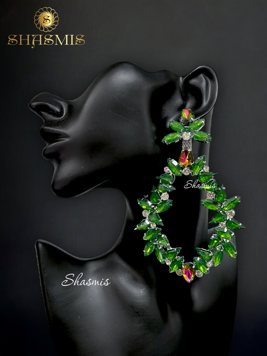 Green Color Long Rheinstone Prerto Earrings