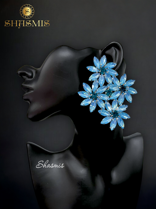 Blue Color Rheinstone Flower Design Prerto Earrings