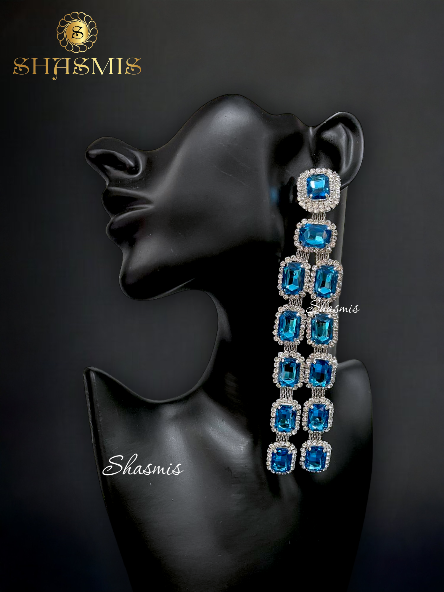 Blue Color Long Rheinstone Prerto Design Earrings