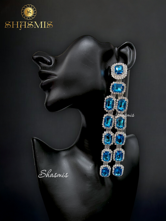 Blue Color Long Rheinstone Prerto Design Earrings