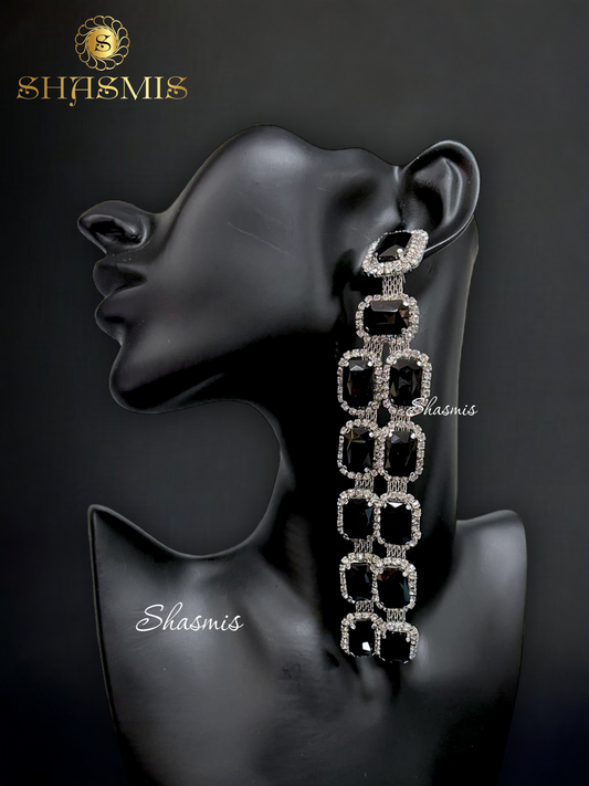 Black Color Rheinstone Long Double Layer Earrings