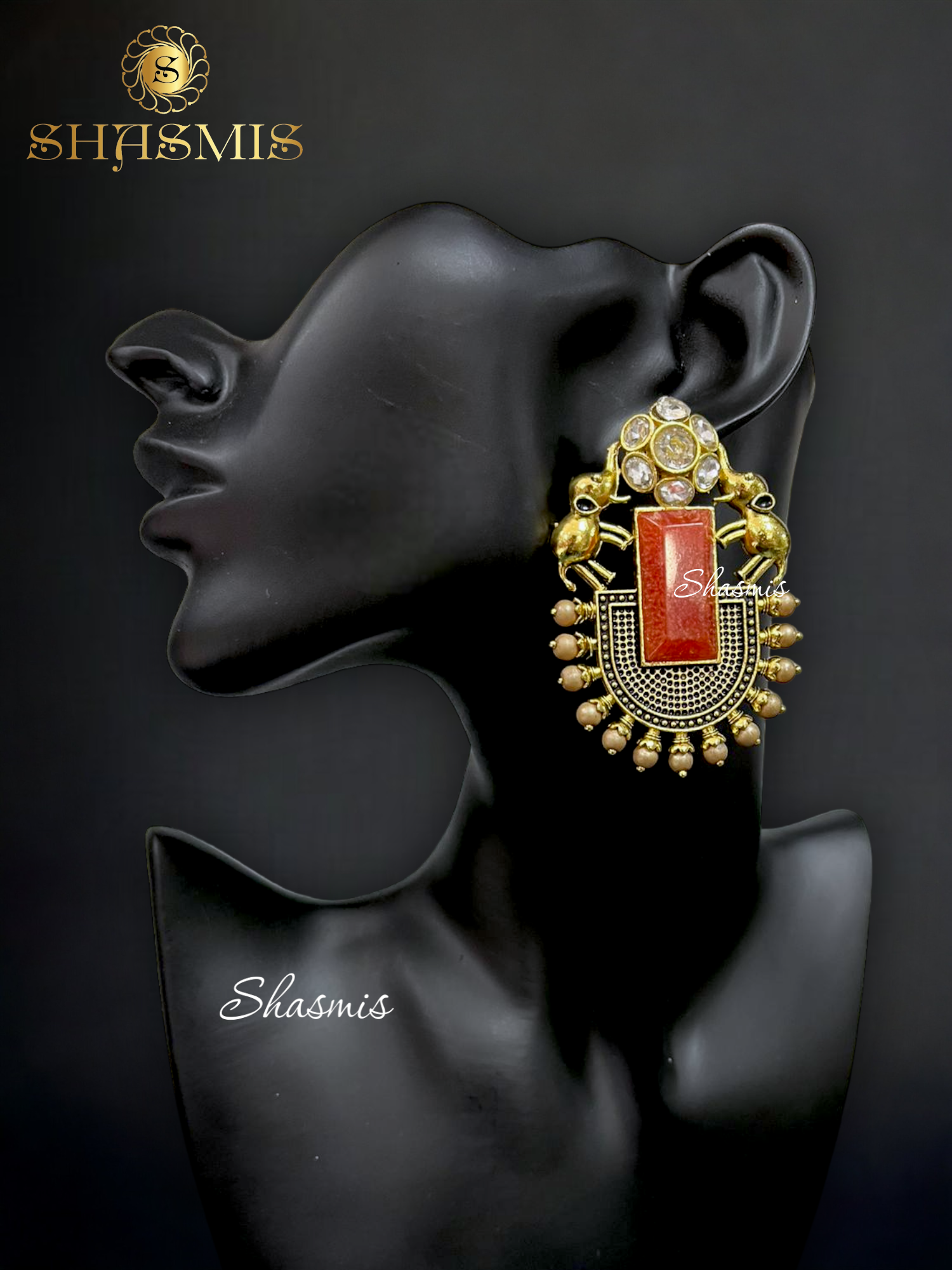 Red Color Stone Golden Polish Elephant Earrings