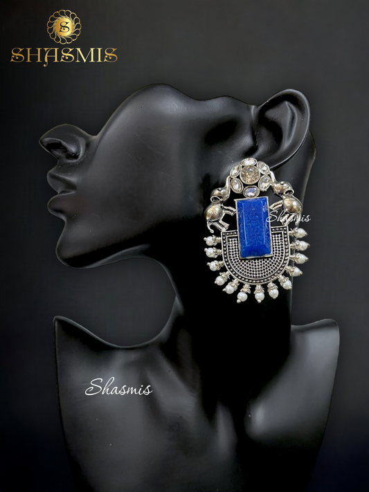 Blue Stone Silver Polish Elephant Earrings