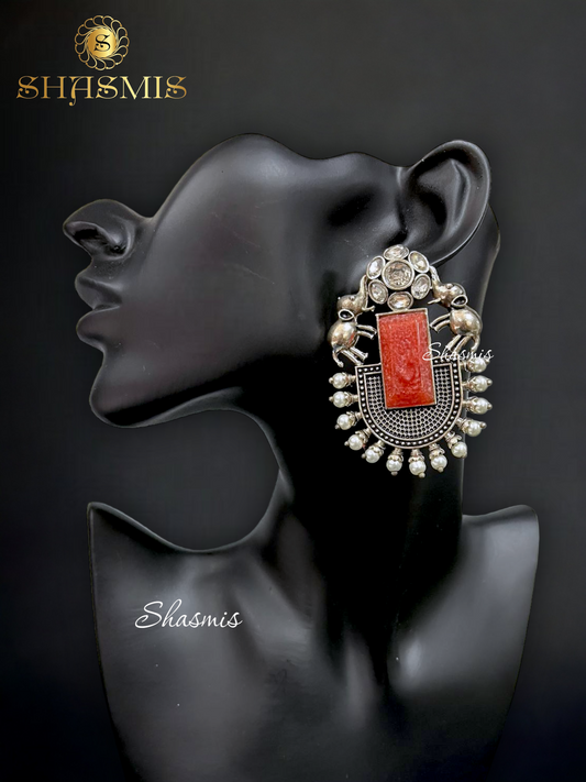 Red Stone Silver Rhinestone Elephant Earrings