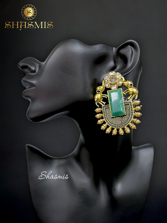 Green Rheinstone Golden Polish Elephant Earrings