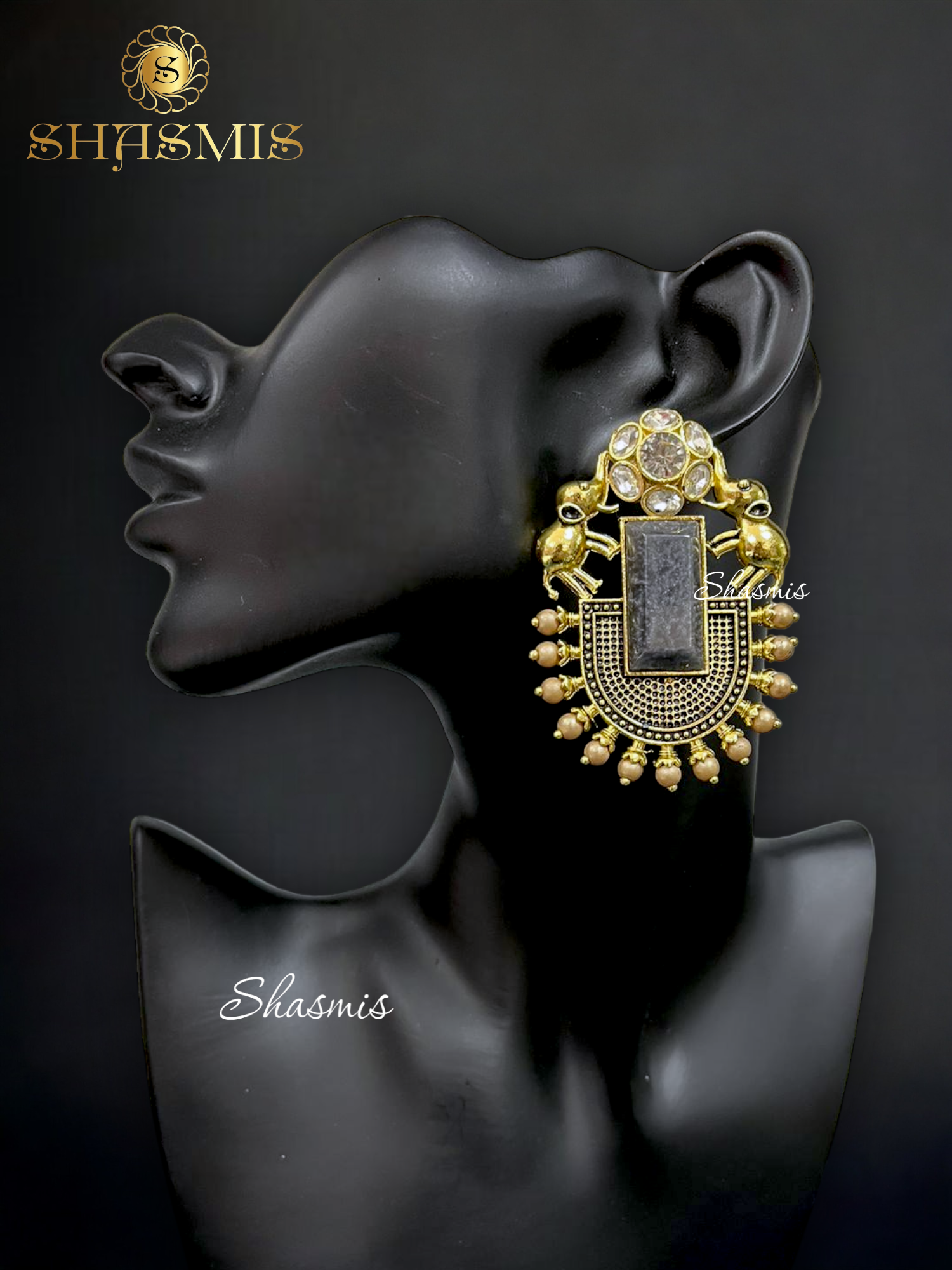 Grey Stone Golden Polish Elephant Earrings