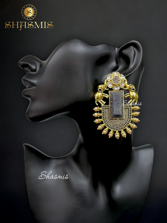 Grey Stone Golden Polish Elephant Earrings