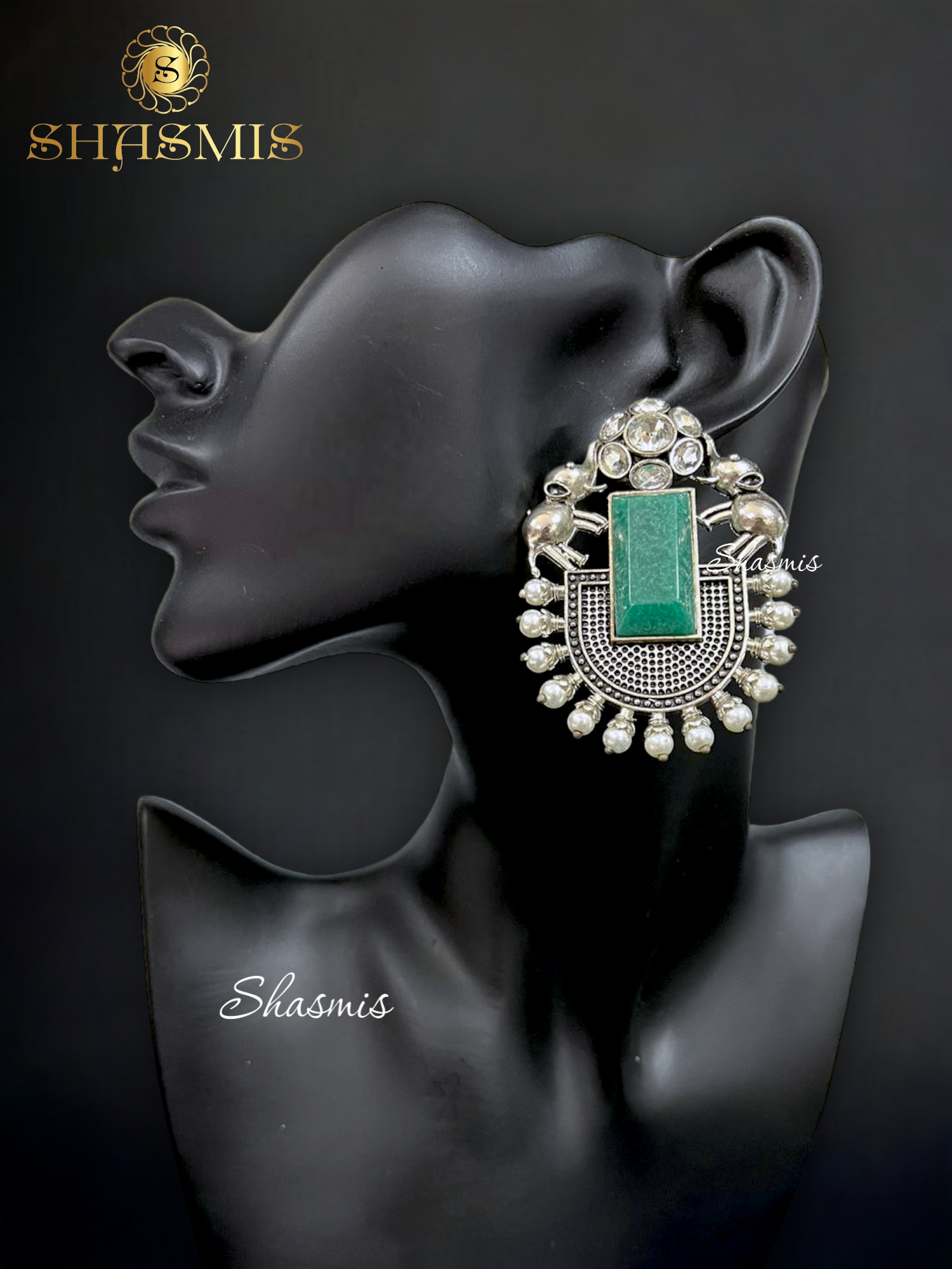 Green Stone Silver Elephant Earrings