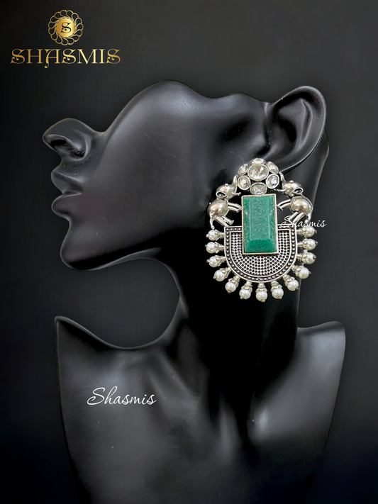 Green Stone Silver Elephant Earrings