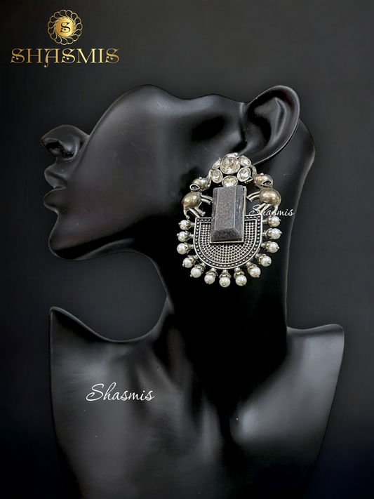 Grey Color Stone Silver Elephant Design Earrings