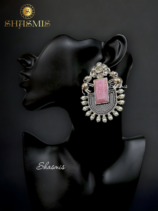 Pink Stone Silver Elephant Design Earrings
