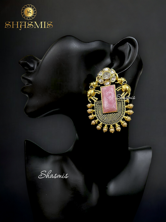 Pink Stone Elephant Deesign Golden Polish Earrings