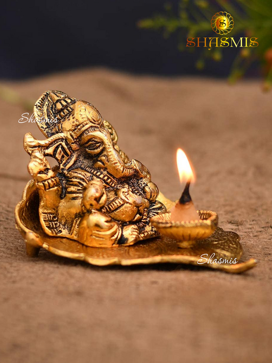 India Ganesha on Leaf with Diya Metal Hand Craved Decorative Gift for Puja