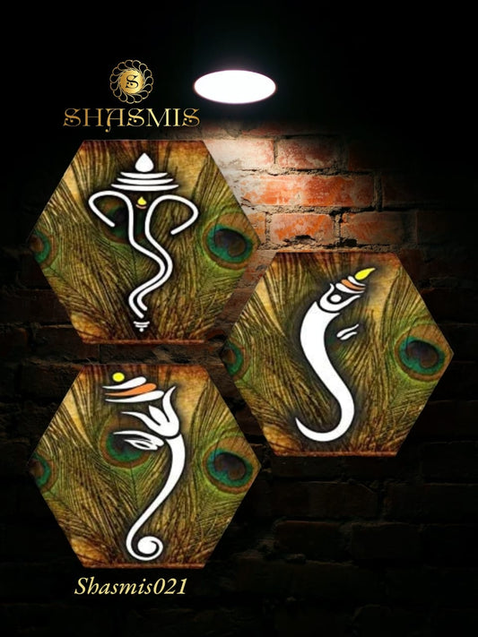 Indian Traditional Ganesha Embossed Set Of 3 Wall Hexagaon painting