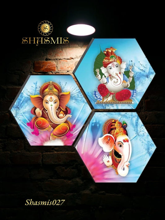 Blue and Pink Shades Ganesha Hexagon Painting Set Of 3