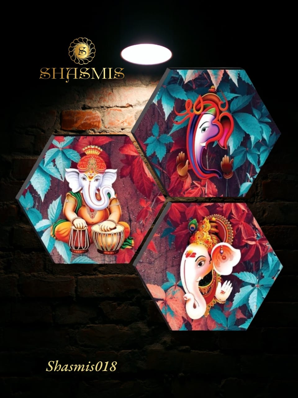 Indian Traditional Hexagon Ganesha Embossed Painting Set Of 3