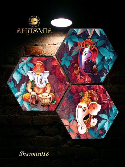 Indian Traditional Hexagon Ganesha Embossed Painting Set Of 3