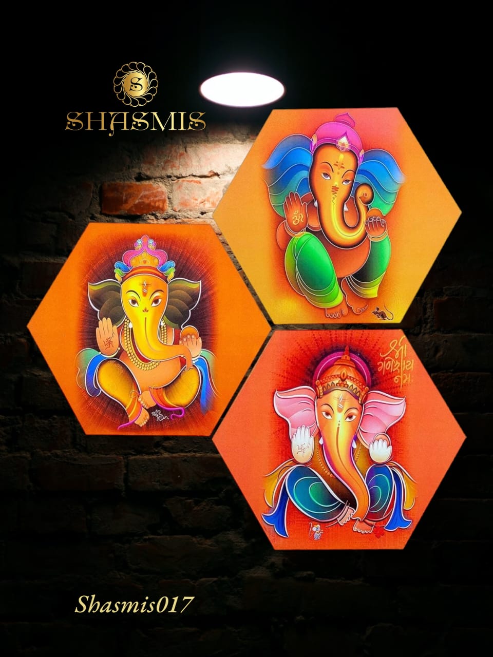 Lord Ganpatti Bappa Design Set Of 3 Wall Hexagaon painting